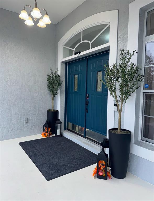 A front entryway features a blue double door, two potted trees, and black lanterns — 426 CARDINAL COURT, KISSIMMEE, FL