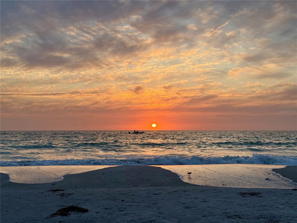 A sunset view over the ocean with a small boat and a bird on the beach — 12300 4TH STREET E, TREASURE ISLAND, FL