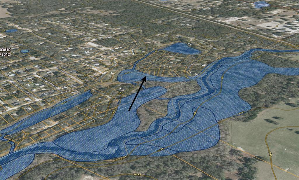 An aerial map view showing a residential area with a highlighted blue flood zone overlay — BARTH DRIVE, DADE CITY, FL