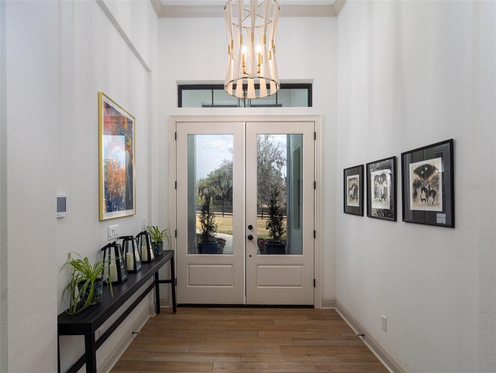 A bright entryway features a double glass door, a modern chandelier, and a console table — 11920 SE 22ND AVE ROAD, OCALA, FL