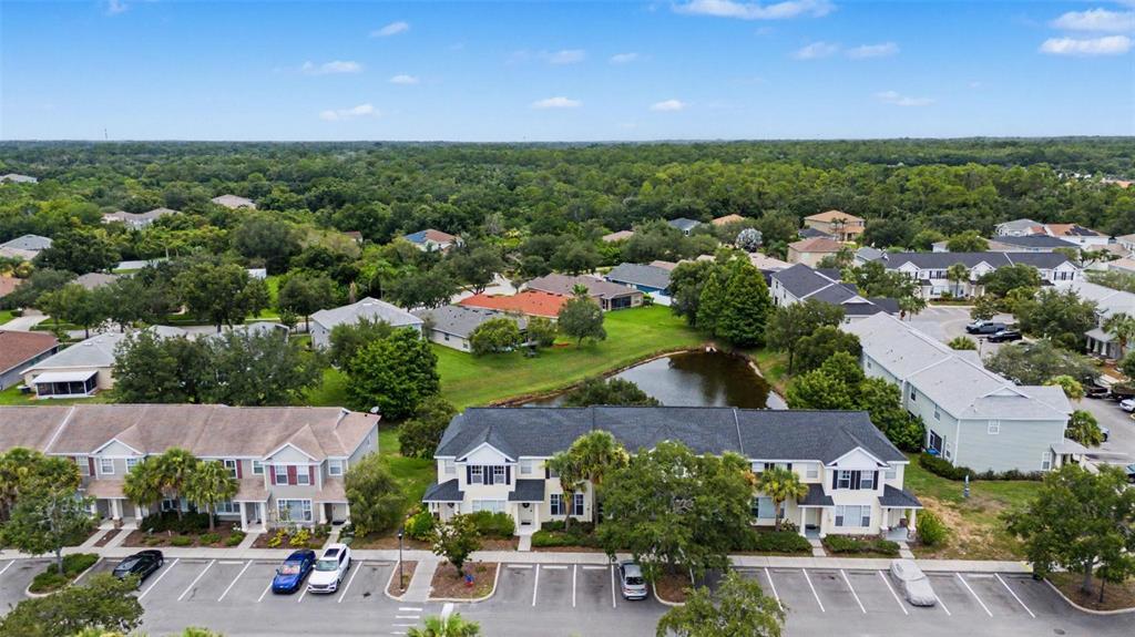 An aerial view shows townhomes with parking lots, a small pond, and surrounding wooded areas — 12216 COUNTRY WHITE CIRCLE, TAMPA, FL