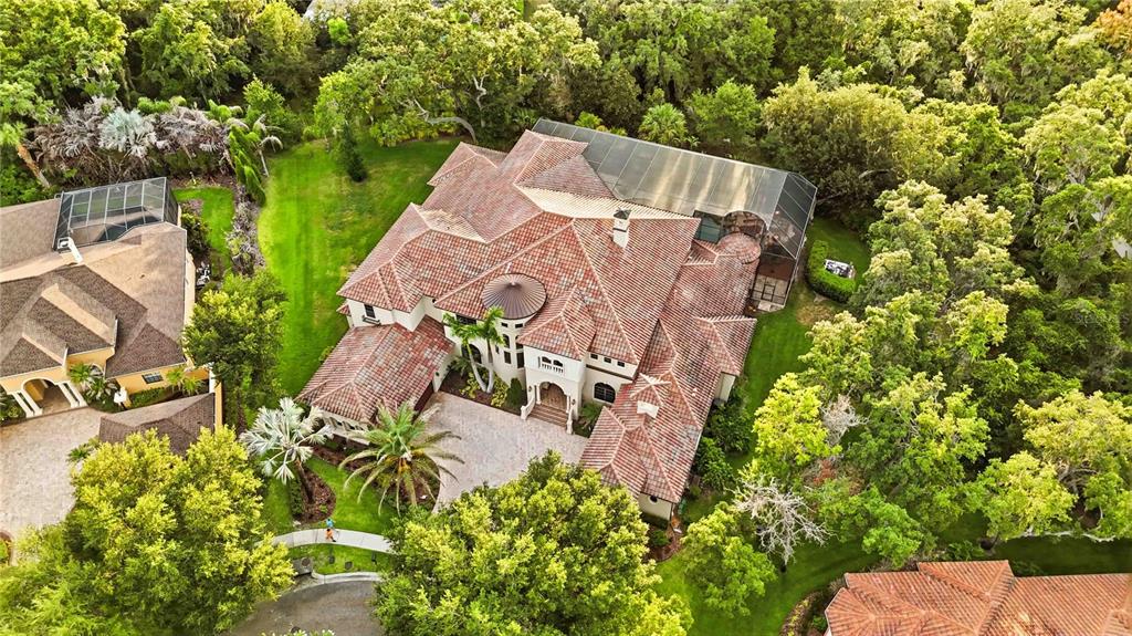 An aerial view shows a large Mediterranean-style house with a tiled roof and screened pool — 16220 TERNGLADE DRIVE, LITHIA, FL
