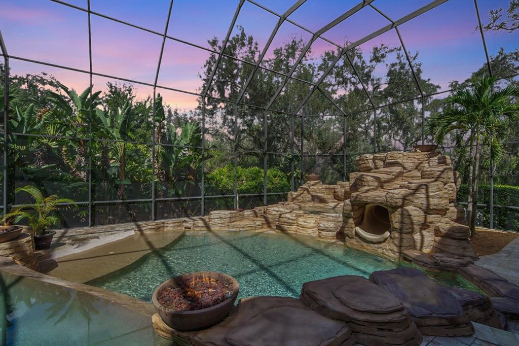 A screened-in pool area features a rock waterfall, a built-in slide, and a fire bowl — 16220 TERNGLADE DRIVE, LITHIA, FL