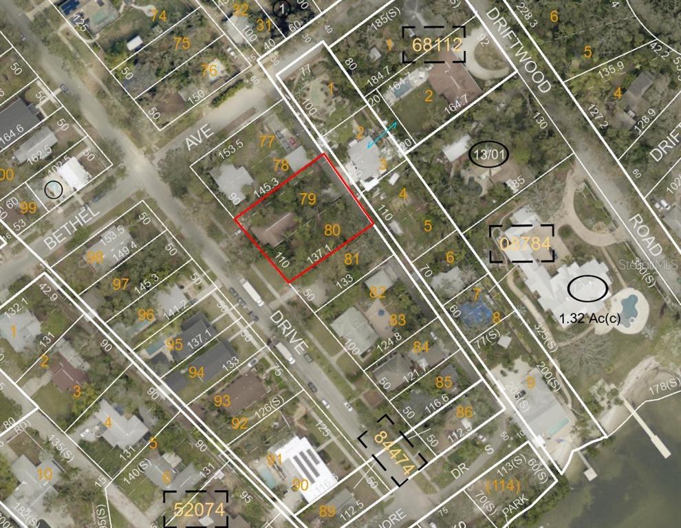 This is an aerial map showing property lot lines and parcel numbers in a neighborhood — 2720 BAYSIDE DRIVE S, ST PETERSBURG, FL