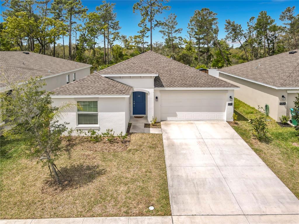 A single-story house with a white stucco exterior, blue front door, and a concrete driveway — 1312 PEACH CREEK DRIVE, OSTEEN, FL