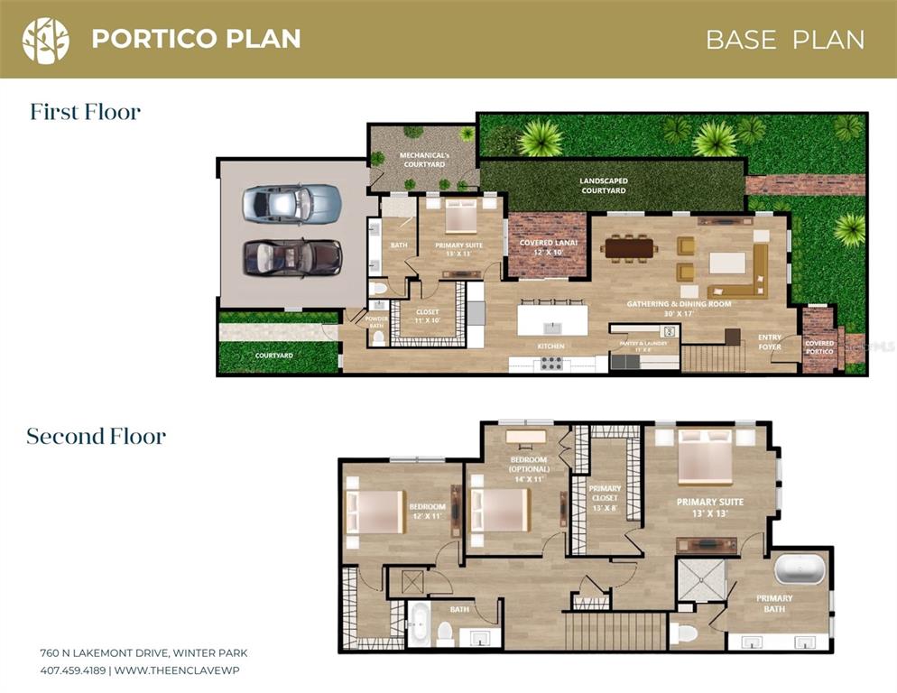 This is a two-story floor plan showing a house with multiple bedrooms, bathrooms, and courtyards — 905 ENCLAVE PLACE, WINTER PARK, FL