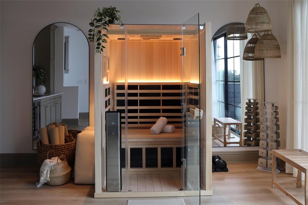 A modern home sauna with glass doors sits in a room featuring mirrors and gym equipment — 417 W ROSS AVENUE UNIT 2, TAMPA, FL