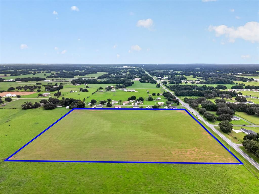 An aerial view shows a large, rectangular plot of vacant green land outlined in blue — TBD WC 48, BUSHNELL, FL