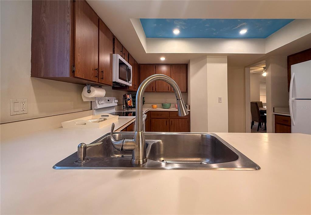 A kitchen features wood cabinets, a stainless steel sink, and a blue-painted tray ceiling — 46 HEMBURY LANE UNIT 46, PALM COAST, FL