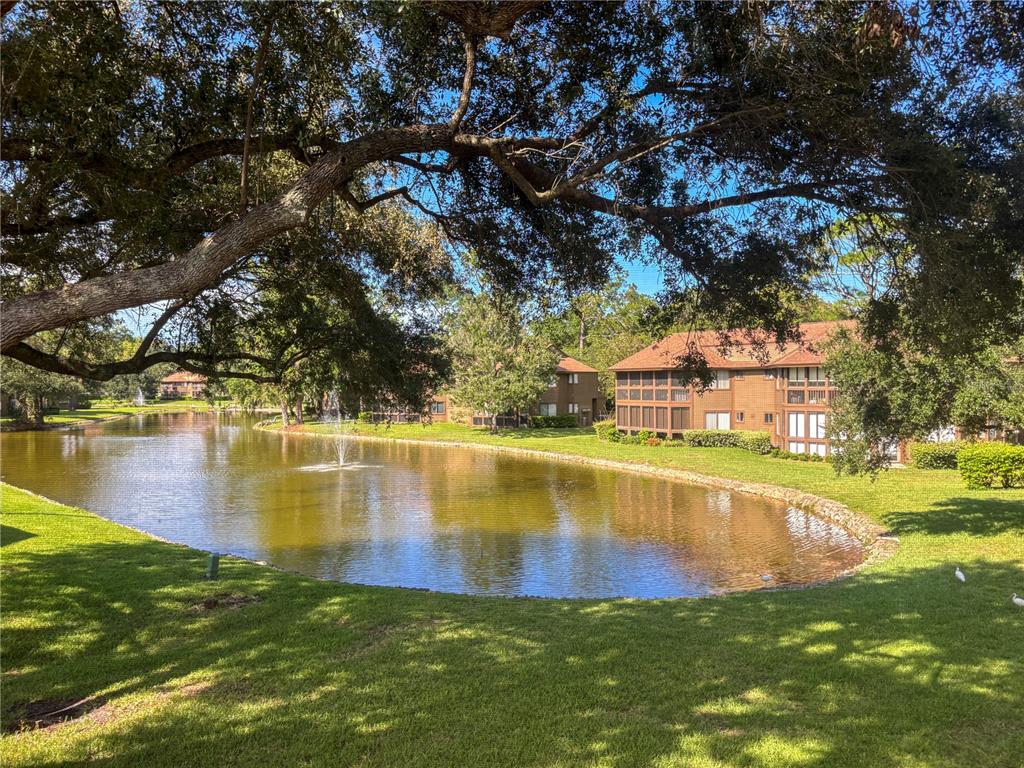 A pond with a fountain sits in front of multi-story apartment buildings under large trees — 46 HEMBURY LANE UNIT 46, PALM COAST, FL
