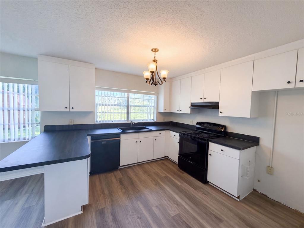 A kitchen with white cabinets, black countertops, black appliances, and wood-look flooring — 1305 W SPENCER STREET, PLANT CITY, FL