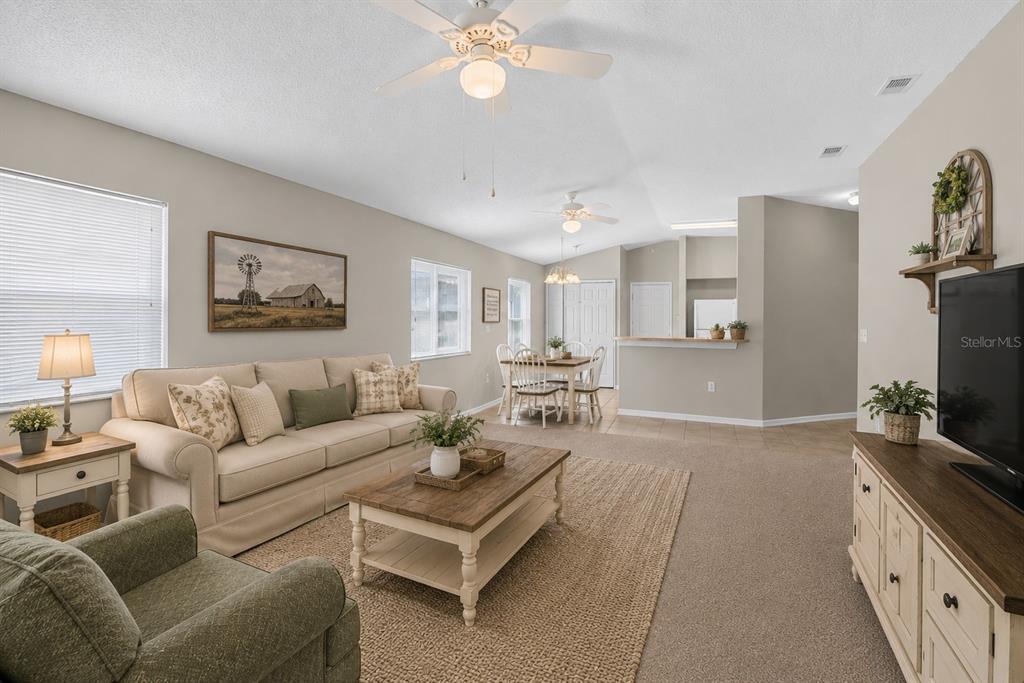 A living room with beige carpet, a tan sofa, a wooden coffee table, and dining area — 535 SCARLET MAPLE COURT, PLANT CITY, FL