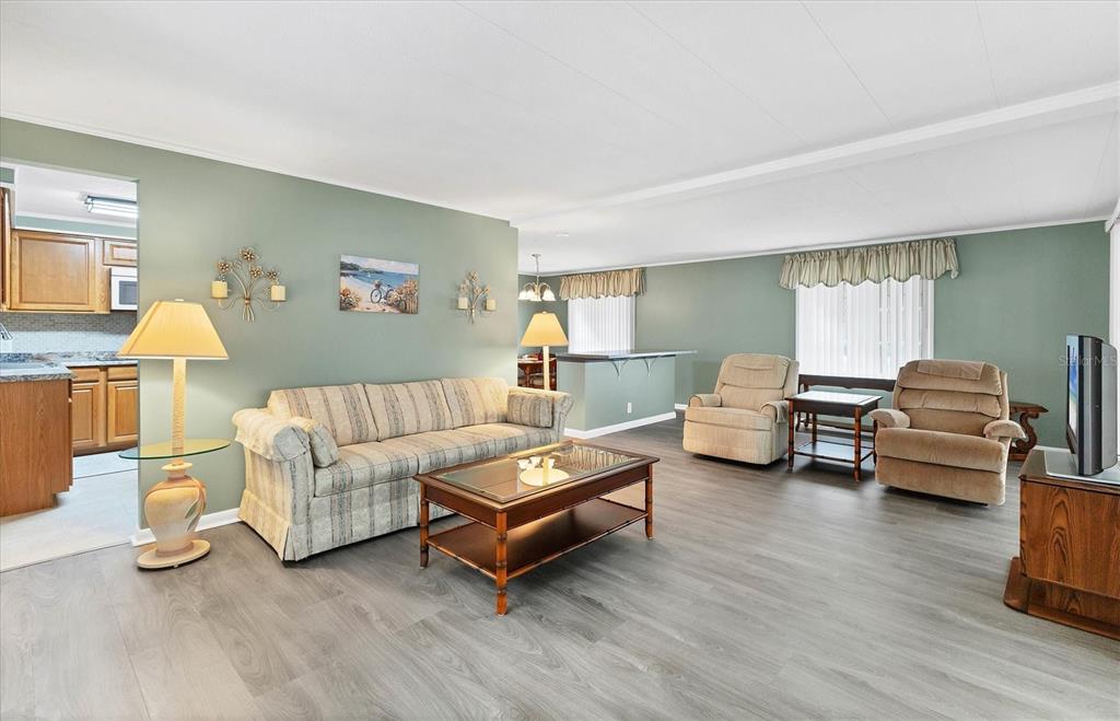 A living room with sage green walls, wood-look flooring, a striped sofa, and two recliners — 1212 45TH AVENUE E, ELLENTON, FL