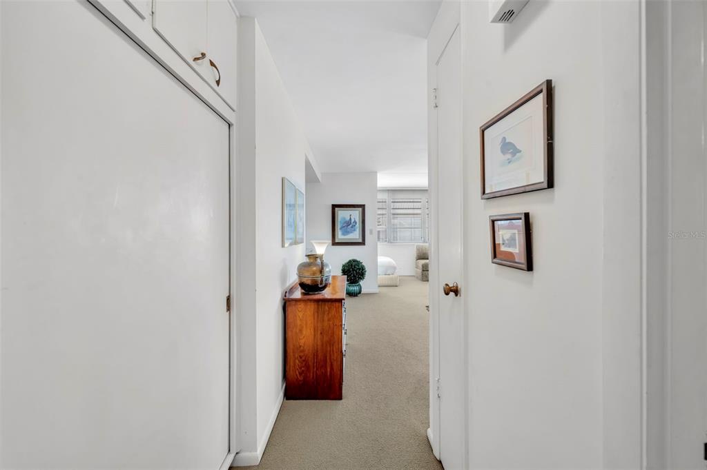 A hallway with white walls and carpet leads toward a bedroom with a wooden dresser — 311 E MORSE BOULEVARD UNIT 7-11, WINTER PARK, FL