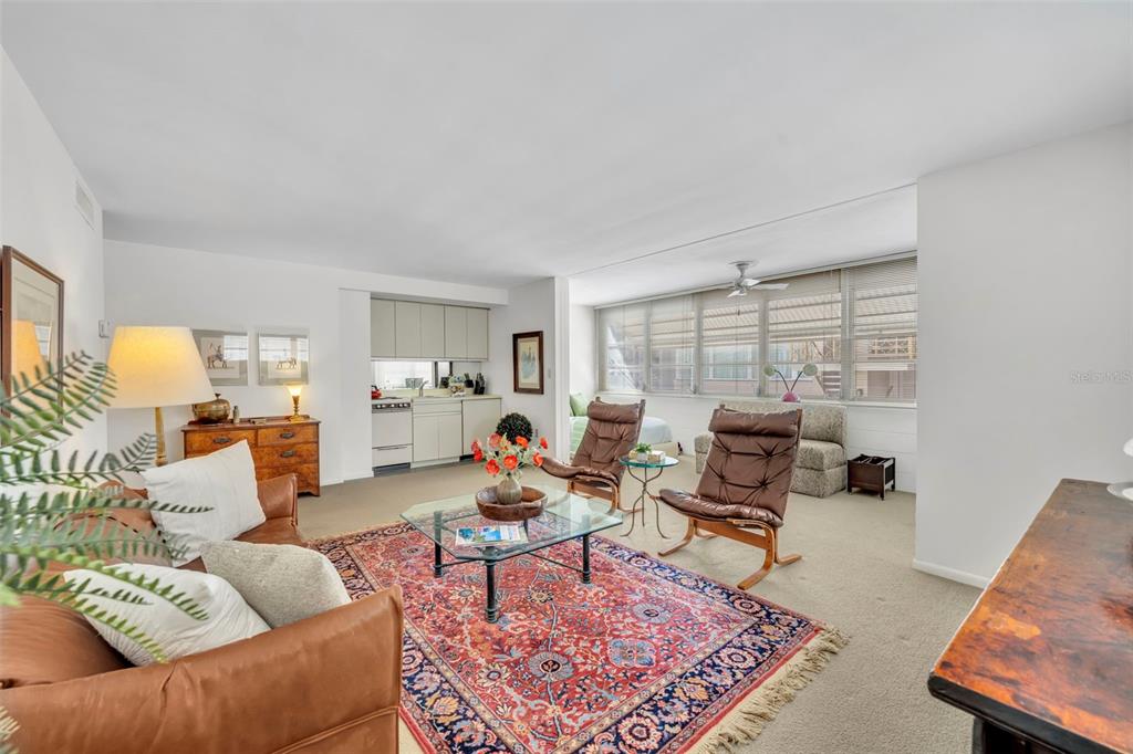 A living room features a red patterned rug, leather chairs, a glass coffee table, and kitchenette — 311 E MORSE BOULEVARD UNIT 7-11, WINTER PARK, FL