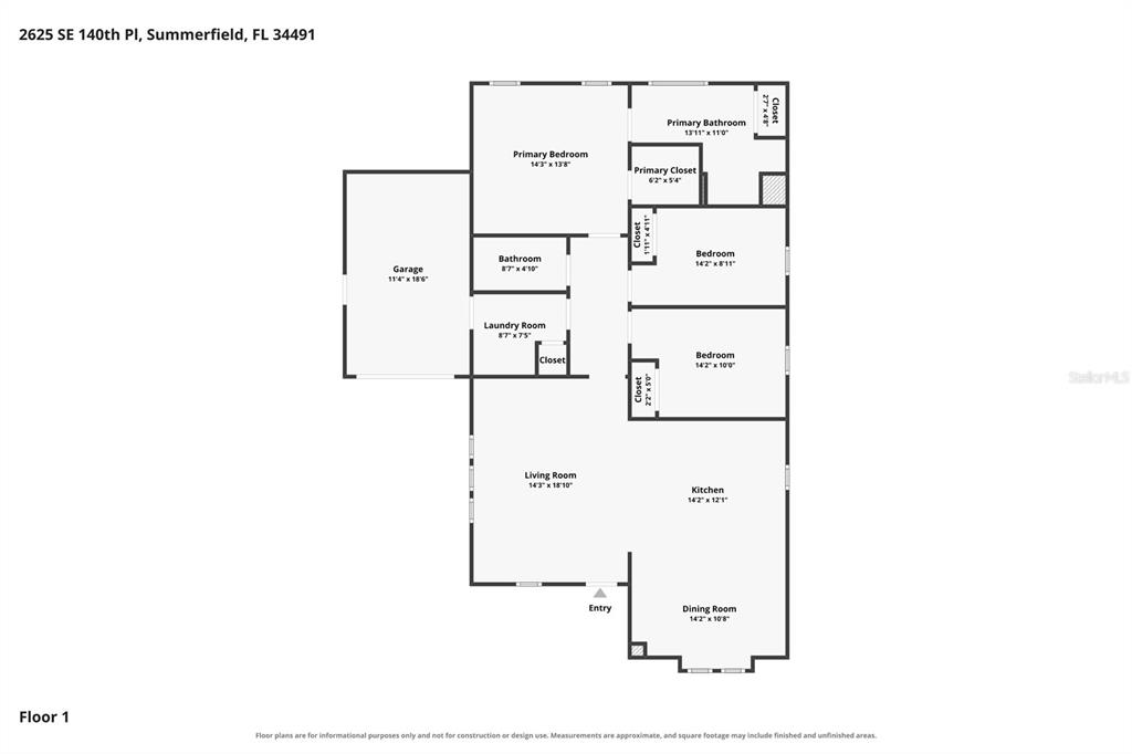 This is a floor plan for a single-story house with three bedrooms and a garage — 2625 SE 140TH PLACE, SUMMERFIELD, FL