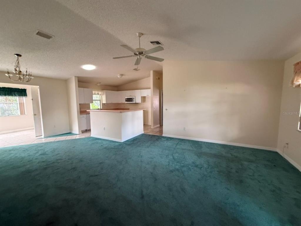 A living room with green carpeting opens to a kitchen with white cabinets and counters — 208 ARAGON LANE, LADY LAKE, FL
