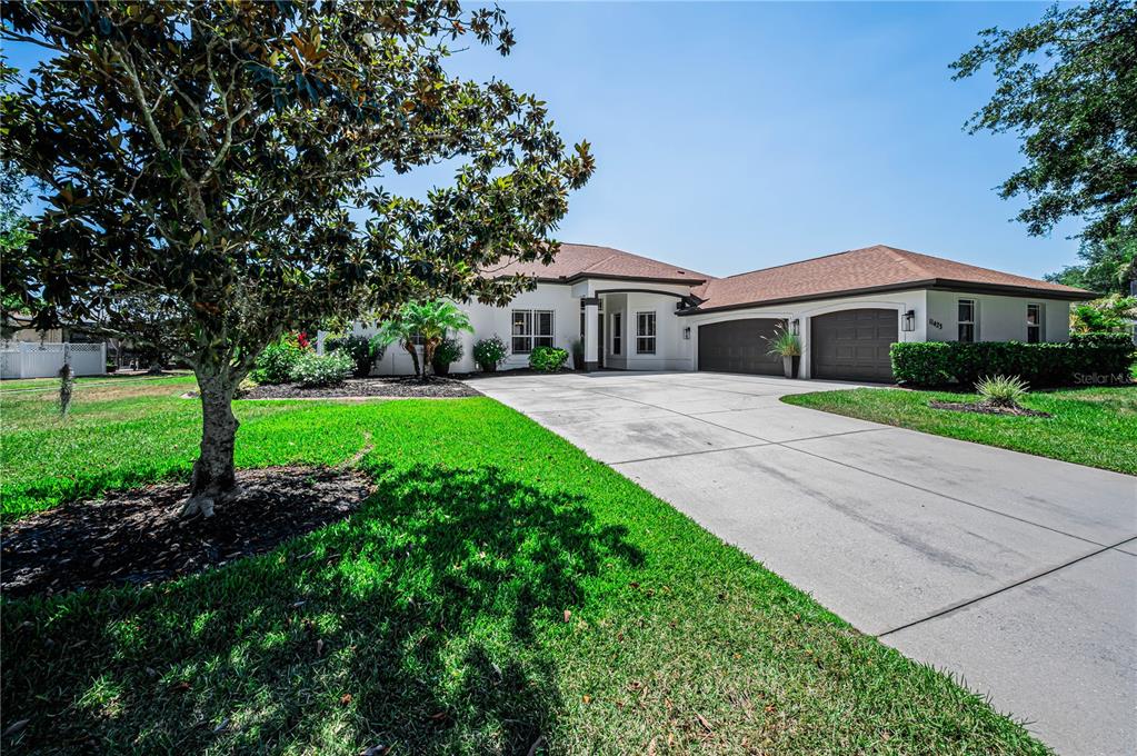 A single-story house with a white exterior, a concrete driveway, and a large front tree — 11423 30TH COVE E, PARRISH, FL