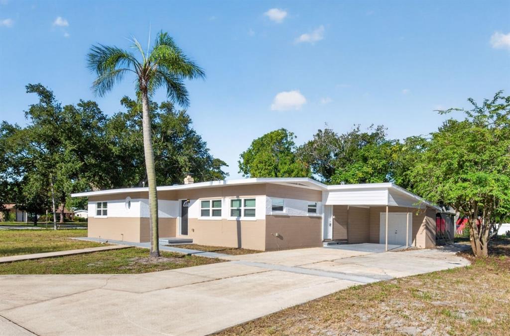 An empty room with gray walls, wood-look flooring, a ceiling fan, and several windows — 5131 ARAGON WAY S, ST PETERSBURG, FL