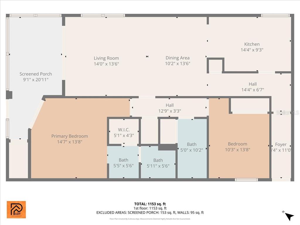 This floor plan shows a two-bedroom, three-bathroom apartment with a kitchen, living area, and porch — 6505 STONE RIVER ROAD UNIT 103, BRADENTON, FL