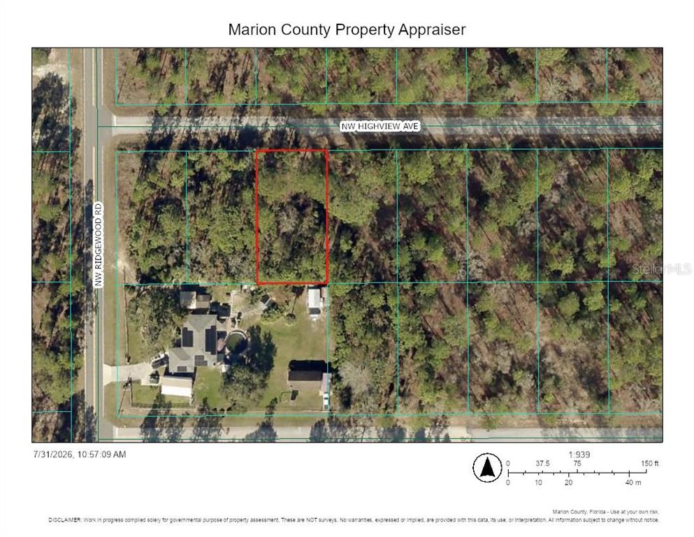 This is a property map showing a vacant, wooded lot outlined in red — 0 NW HIGHVIEW AVENUE, DUNNELLON, FL
