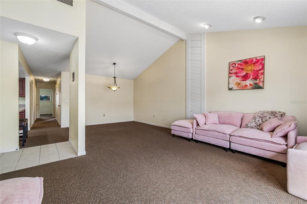 A living room with beige carpet, vaulted ceilings, and pink furniture — 4243 OAK LOOP UNIT 35, MULBERRY, FL