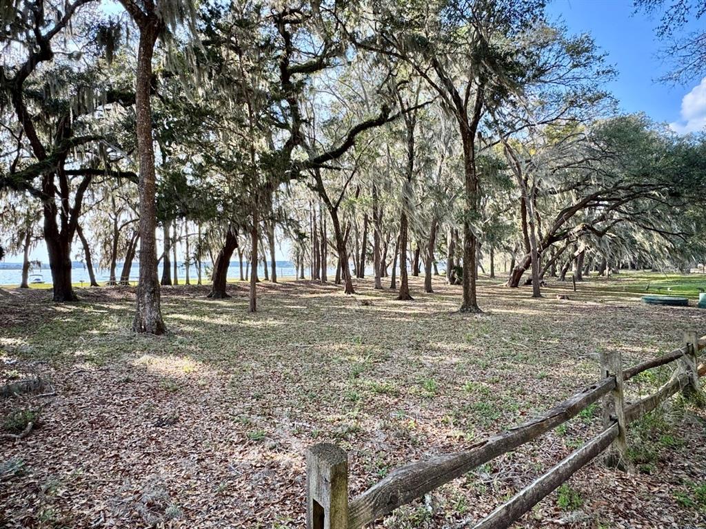 A wooden fence borders a grassy, tree-filled lot with Spanish moss overlooking a distant lake — 25225 NE 141ST LANE NE, SALT SPRINGS, FL