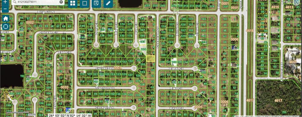 This is a digital map showing residential land parcels and street layouts in a neighborhood — 36 COXSWAIN DRIVE, PLACIDA, FL