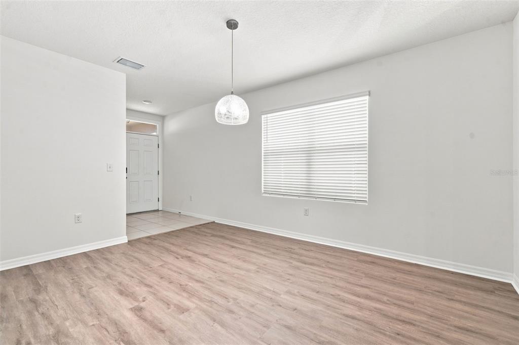 An empty dining area features light wood-look flooring, white walls, and a single pendant light — 10920 CARLTON FIELDS DRIVE, RIVERVIEW, FL