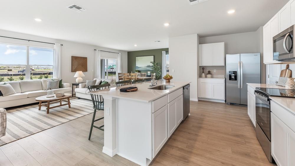 An open-concept kitchen and living area with white cabinetry, stainless steel appliances, and wood flooring — 1733 COBB TRAIL, PARRISH, FL