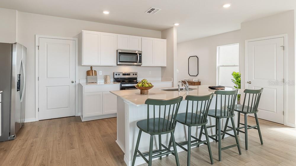A kitchen features white cabinets, stainless steel appliances, a quartz island, and four green chairs — 1733 COBB TRAIL, PARRISH, FL