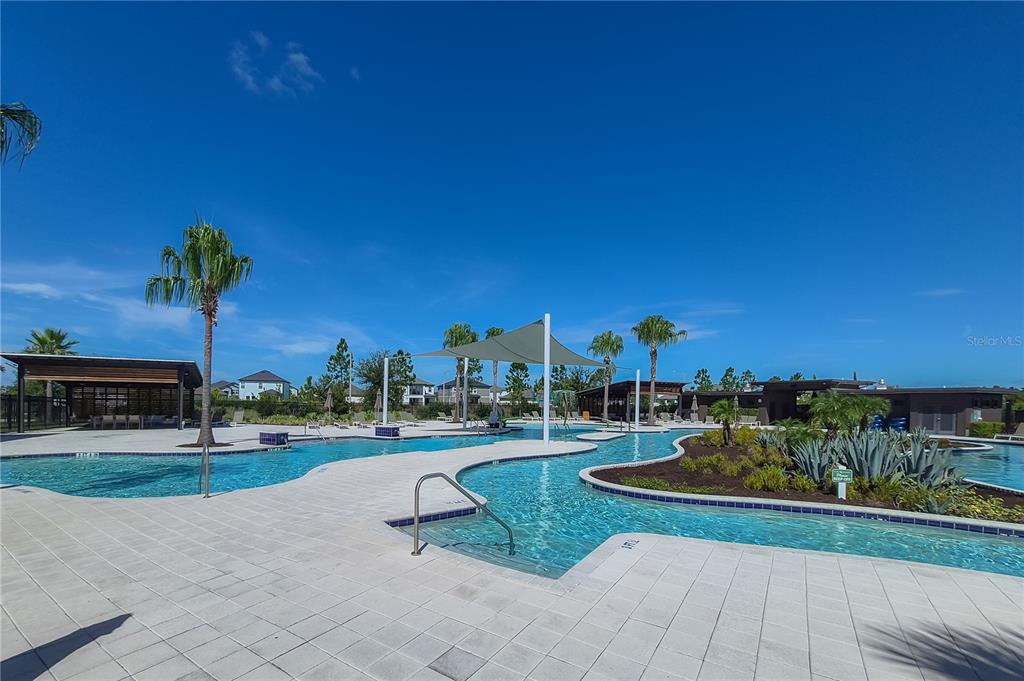 A sunny outdoor swimming pool area features a large shade sail and palm trees — 31428 AMBERVIEW BEND, WESLEY CHAPEL, FL