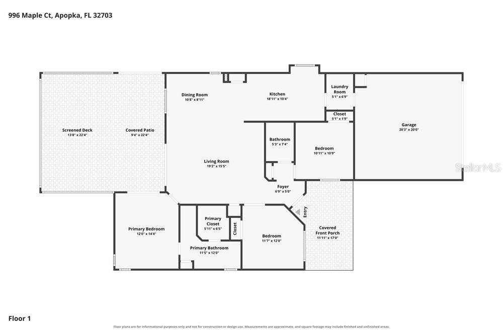 This is a floor plan for a single-story house with a garage and screened deck — 996 MAPLE COURT, APOPKA, FL