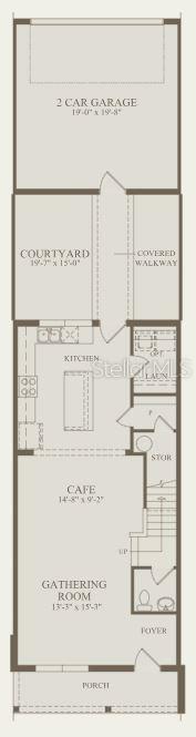 This floor plan shows a ground level with a garage, courtyard, kitchen, and gathering room — 10506 EVENING STAR STREET, ORLANDO, FL