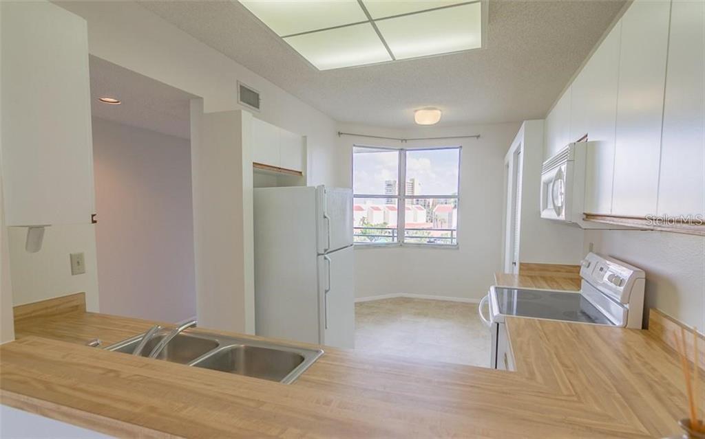 A kitchen features wood-look laminate countertops, white appliances, and a window overlooking a balcony — 7902 SAILBOAT KEY BOULEVARD S UNIT 402, SOUTH PASADENA, FL