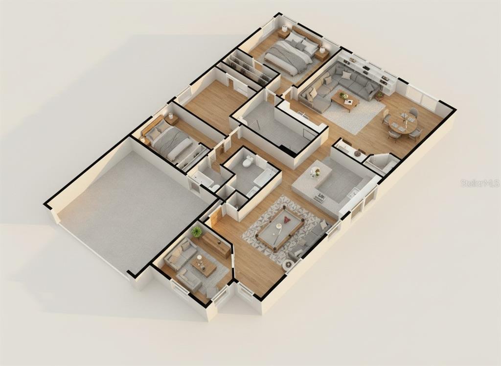 This is a 3D floor plan rendering of a single-story house with a garage — 3116 KEARNS ROAD, MULBERRY, FL