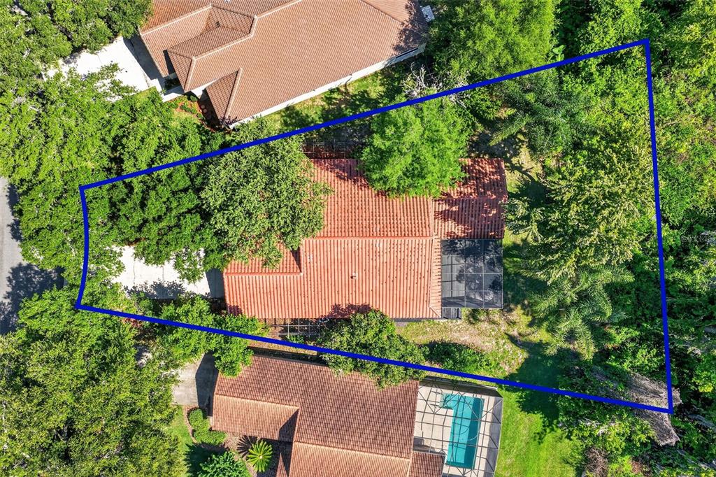 An aerial view shows a house with a red tile roof and a backyard pool — 39 FOREST LANE, EUSTIS, FL