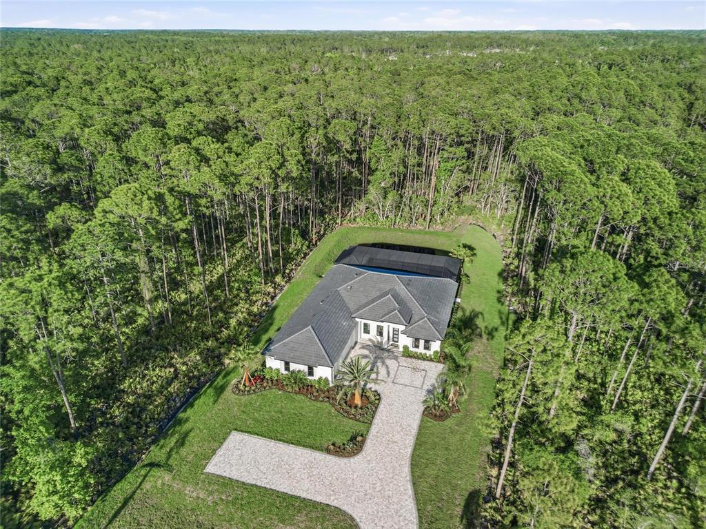 An aerial view shows a single-story house with a pool cage surrounded by dense forest — 461 N TYMBER CREEK ROAD, ORMOND BEACH, FL
