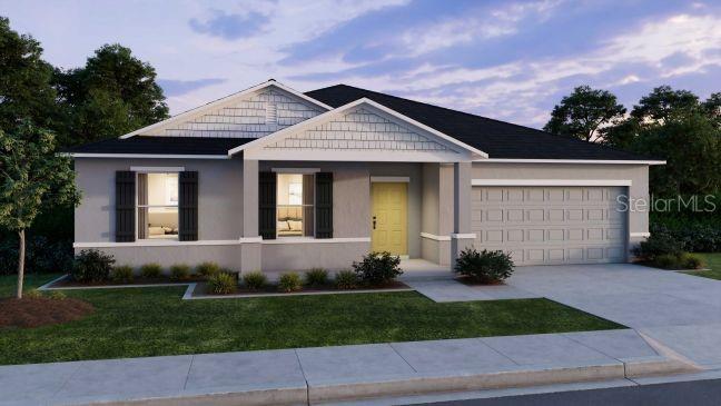 A digital rendering of a single-story suburban house with a yellow door and two-car garage — 16048 GALIANO COURT, PUNTA GORDA, FL