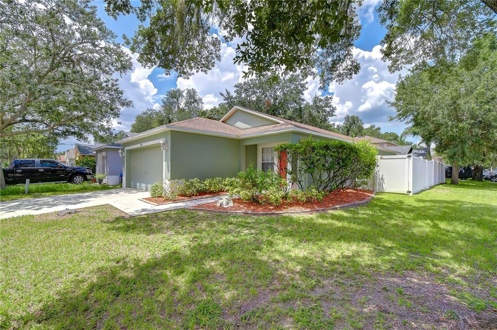 A single-story house with a green exterior, a two-car garage, and a white privacy fence — 8736 MORRISON OAKS COURT, TEMPLE TERRACE, FL