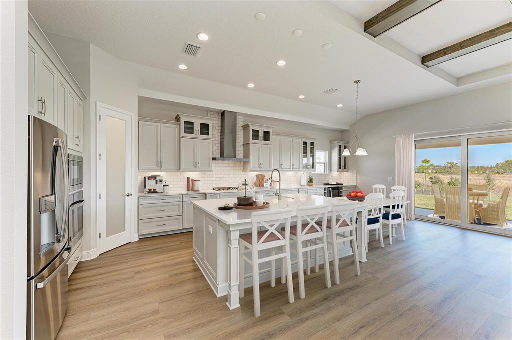 A modern kitchen features light gray cabinets, a large white island, and wood-look flooring — 2058 ARCHING BRANCH DRIVE, ZEPHYRHILLS, FL