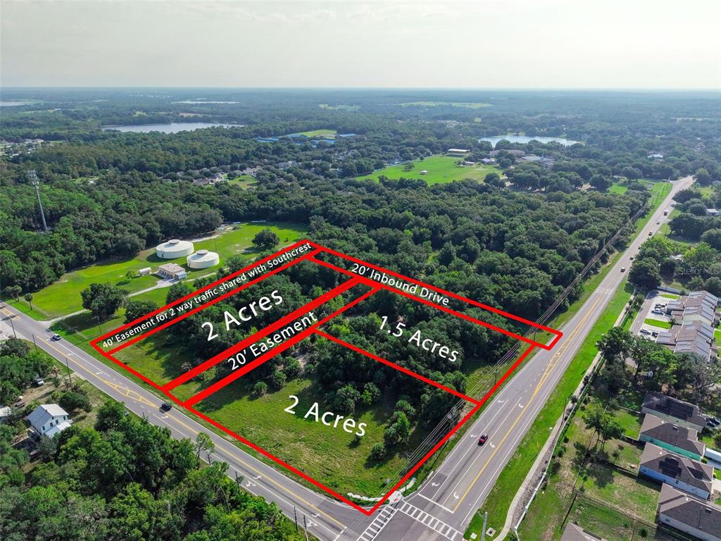 An aerial view shows three adjacent plots of land outlined in red near a road — E COUNTY ROAD 44, EUSTIS, FL