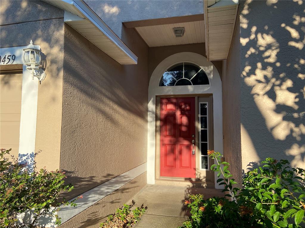 The exterior entrance features a red front door with a sidelight and arched transom window — 10459 FLY FISHING STREET, RIVERVIEW, FL