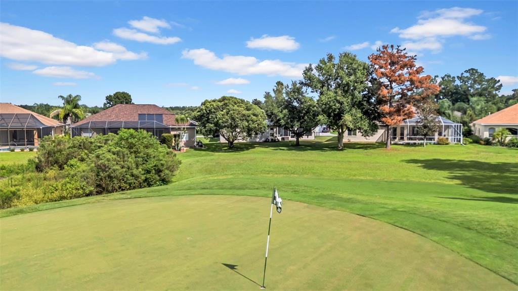A golf course putting green with a flagstick overlooks a residential neighborhood with several houses — 4455 GEVALIA DRIVE, BROOKSVILLE, FL