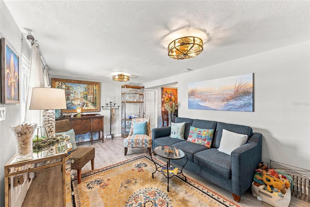 A living room features a blue sofa, patterned rug, wood-look flooring, and two ceiling lights — 3607 LATIMER STREET, NEW PORT RICHEY, FL