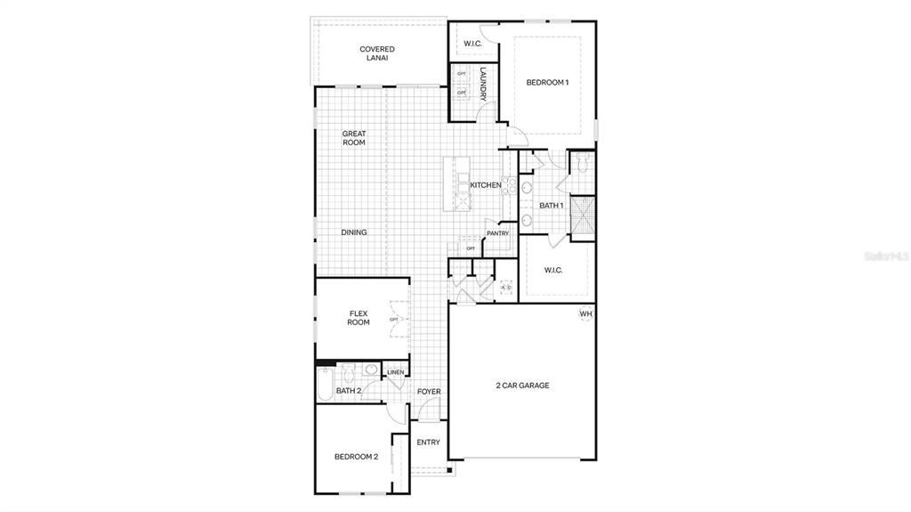 This is a floor plan for a single-story home with two bedrooms and a garage — 63 HARDWOOD TRAIL, PALM COAST, FL