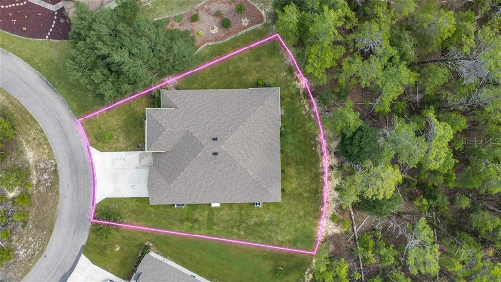 An aerial view shows a house on a lot outlined in pink near a road — 7 BELLIS COURT, HOMOSASSA, FL