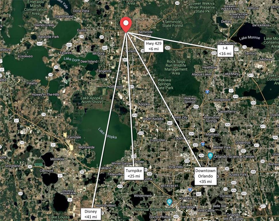 This map shows the location of a property relative to nearby cities and major highways — 34135 CARDINAL LANE, EUSTIS, FL