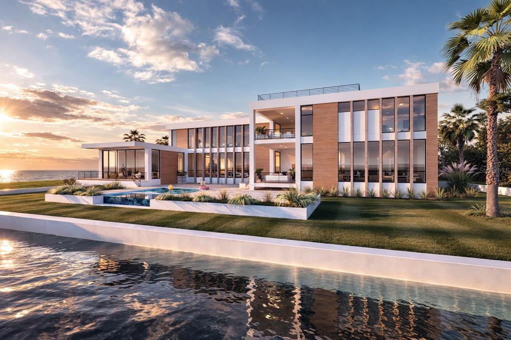 A rendering of a modern two-story waterfront home featuring floor-to-ceiling windows and a swimming pool — 600 MOURNING DOVE DRIVE, SARASOTA, FL