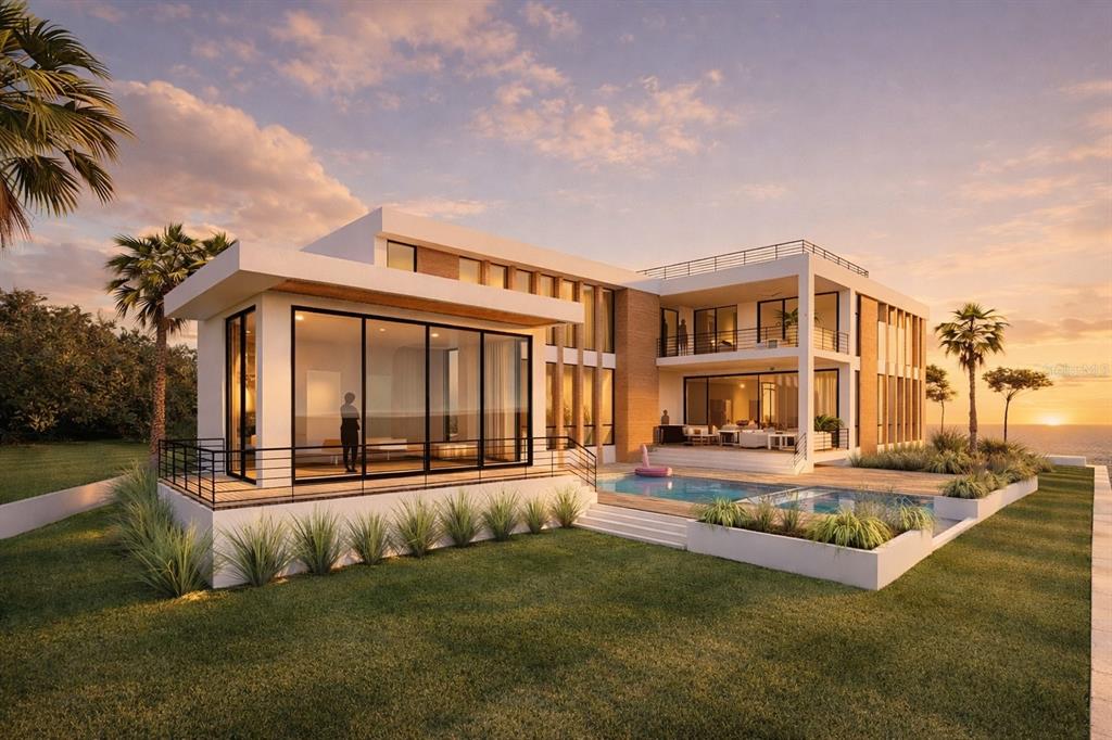 This architectural rendering shows a modern two-story luxury home with a pool and ocean view — 600 MOURNING DOVE DRIVE, SARASOTA, FL